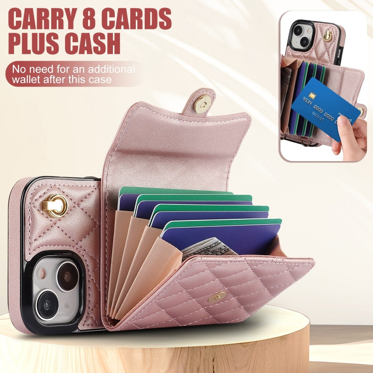 For iPhone 14 Plus Crossbody Rhombic Horizontal Wallet Leather Phone Case(Rose Gold) - iPhone 14 Plus Cases by buy2fix | Online Shopping UK | buy2fix