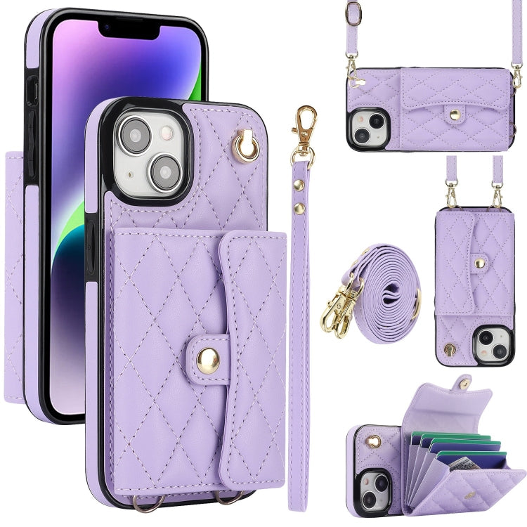 For iPhone 14 Plus Crossbody Rhombic Horizontal Wallet Leather Phone Case(Purple) - iPhone 14 Plus Cases by buy2fix | Online Shopping UK | buy2fix