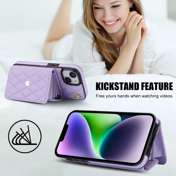 For iPhone 14 Plus Crossbody Rhombic Horizontal Wallet Leather Phone Case(Purple) - iPhone 14 Plus Cases by buy2fix | Online Shopping UK | buy2fix