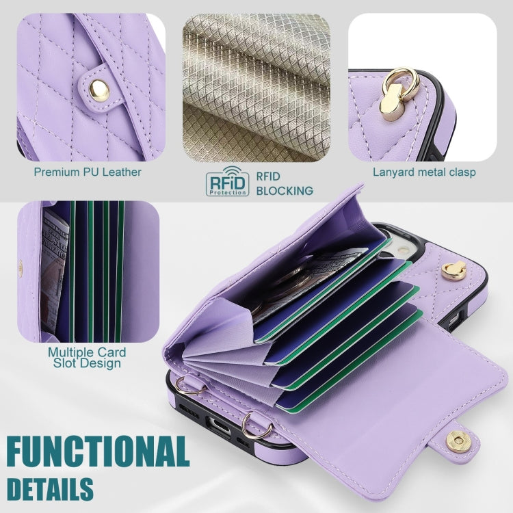 For iPhone 14 Plus Crossbody Rhombic Horizontal Wallet Leather Phone Case(Purple) - iPhone 14 Plus Cases by buy2fix | Online Shopping UK | buy2fix