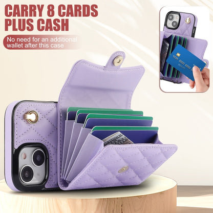 For iPhone 14 Plus Crossbody Rhombic Horizontal Wallet Leather Phone Case(Purple) - iPhone 14 Plus Cases by buy2fix | Online Shopping UK | buy2fix