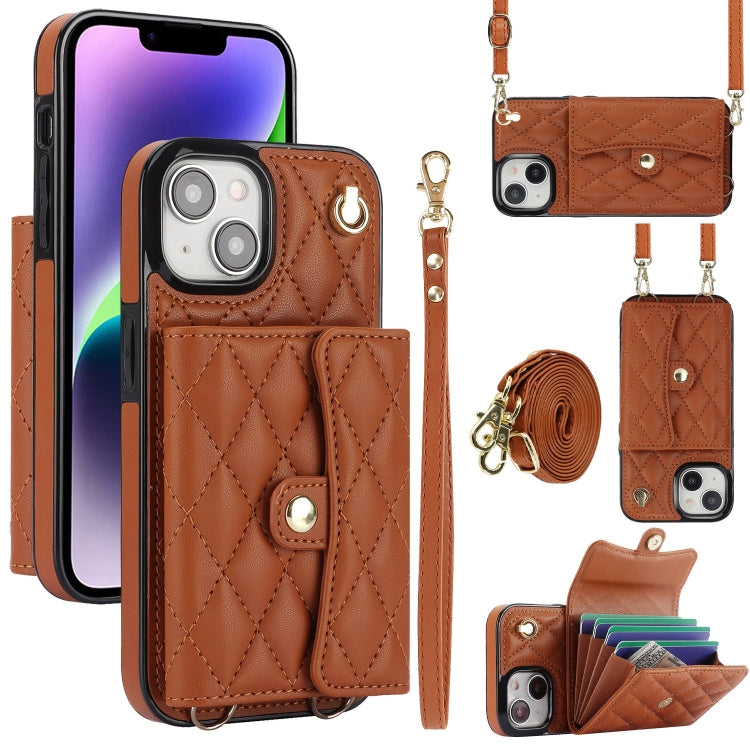 For iPhone 14 Plus Crossbody Rhombic Horizontal Wallet Leather Phone Case(Brown) - iPhone 14 Plus Cases by buy2fix | Online Shopping UK | buy2fix