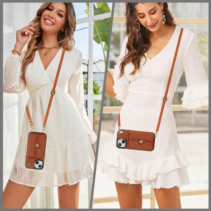 For iPhone 14 Plus Crossbody Rhombic Horizontal Wallet Leather Phone Case(Brown) - iPhone 14 Plus Cases by buy2fix | Online Shopping UK | buy2fix