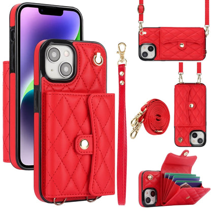 For iPhone 14 Crossbody Rhombic Horizontal Wallet Leather Phone Case(Red) - iPhone 14 Cases by buy2fix | Online Shopping UK | buy2fix