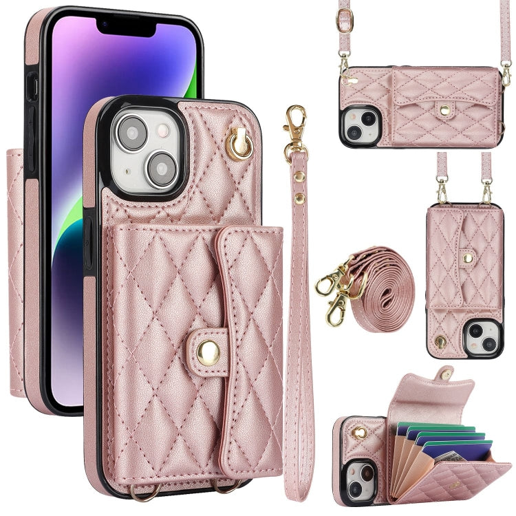 For iPhone 14 Crossbody Rhombic Horizontal Wallet Leather Phone Case(Rose Gold) - iPhone 14 Cases by buy2fix | Online Shopping UK | buy2fix