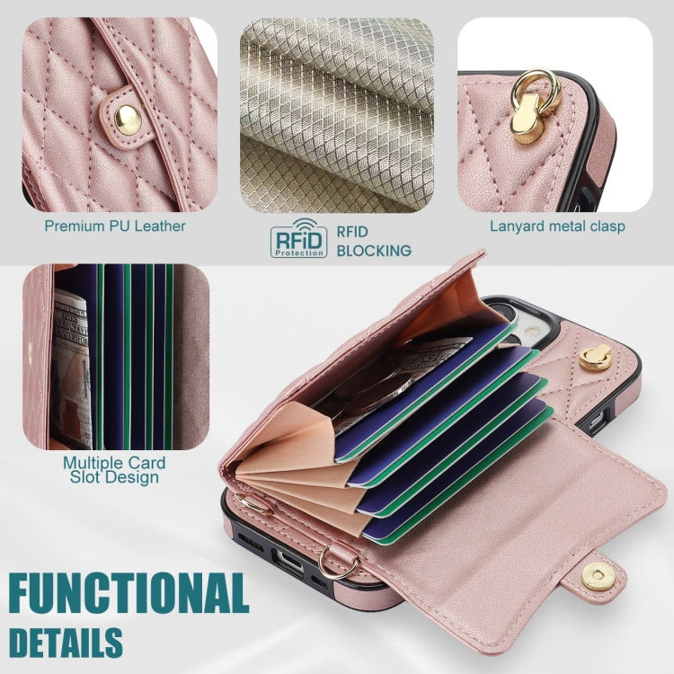 For iPhone 14 Crossbody Rhombic Horizontal Wallet Leather Phone Case(Rose Gold) - iPhone 14 Cases by buy2fix | Online Shopping UK | buy2fix