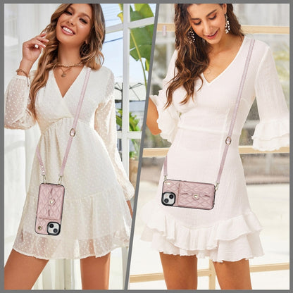 For iPhone 14 Crossbody Rhombic Horizontal Wallet Leather Phone Case(Rose Gold) - iPhone 14 Cases by buy2fix | Online Shopping UK | buy2fix