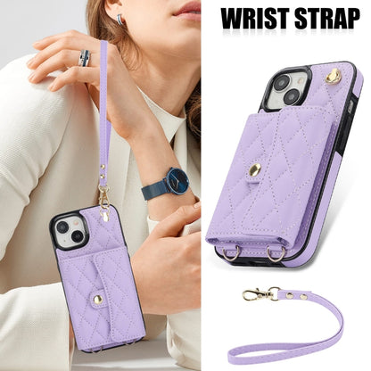 For iPhone 14 Crossbody Rhombic Horizontal Wallet Leather Phone Case(Purple) - iPhone 14 Cases by buy2fix | Online Shopping UK | buy2fix