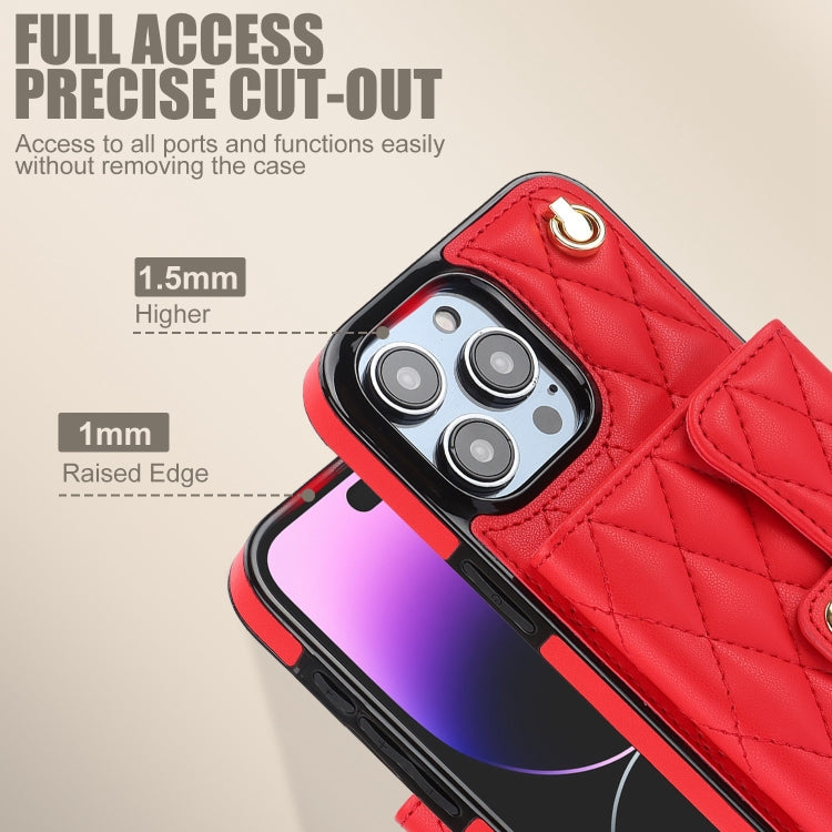 For iPhone 14 Pro Crossbody Rhombic Horizontal Wallet Leather Phone Case(Red) - iPhone 14 Pro Cases by buy2fix | Online Shopping UK | buy2fix
