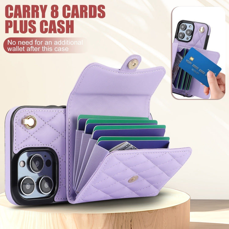 For iPhone 14 Pro Crossbody Rhombic Horizontal Wallet Leather Phone Case(Purple) - iPhone 14 Pro Cases by buy2fix | Online Shopping UK | buy2fix