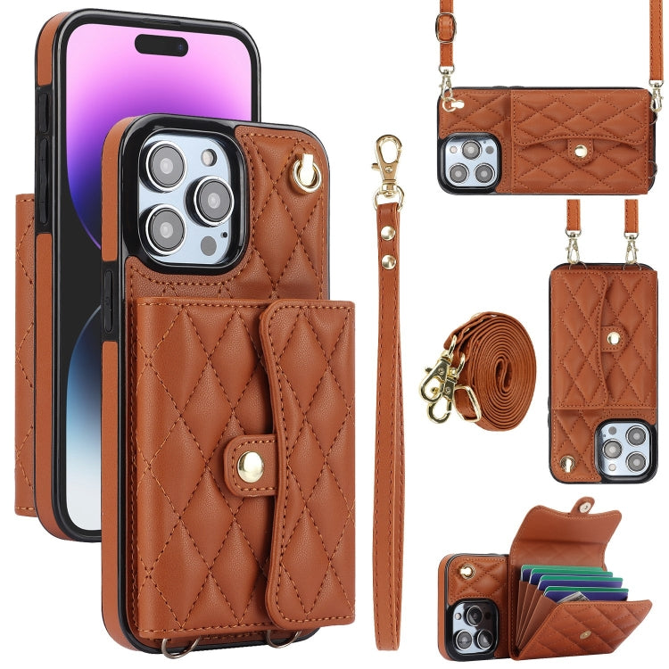 For iPhone 14 Pro Crossbody Rhombic Horizontal Wallet Leather Phone Case(Brown) - iPhone 14 Pro Cases by buy2fix | Online Shopping UK | buy2fix