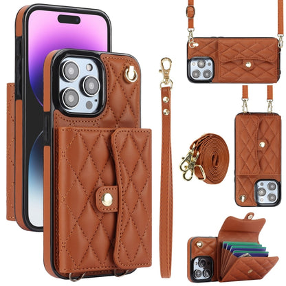 For iPhone 14 Pro Crossbody Rhombic Horizontal Wallet Leather Phone Case(Brown) - iPhone 14 Pro Cases by buy2fix | Online Shopping UK | buy2fix