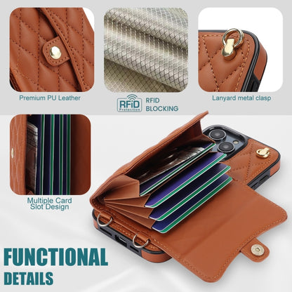 For iPhone 14 Pro Crossbody Rhombic Horizontal Wallet Leather Phone Case(Brown) - iPhone 14 Pro Cases by buy2fix | Online Shopping UK | buy2fix