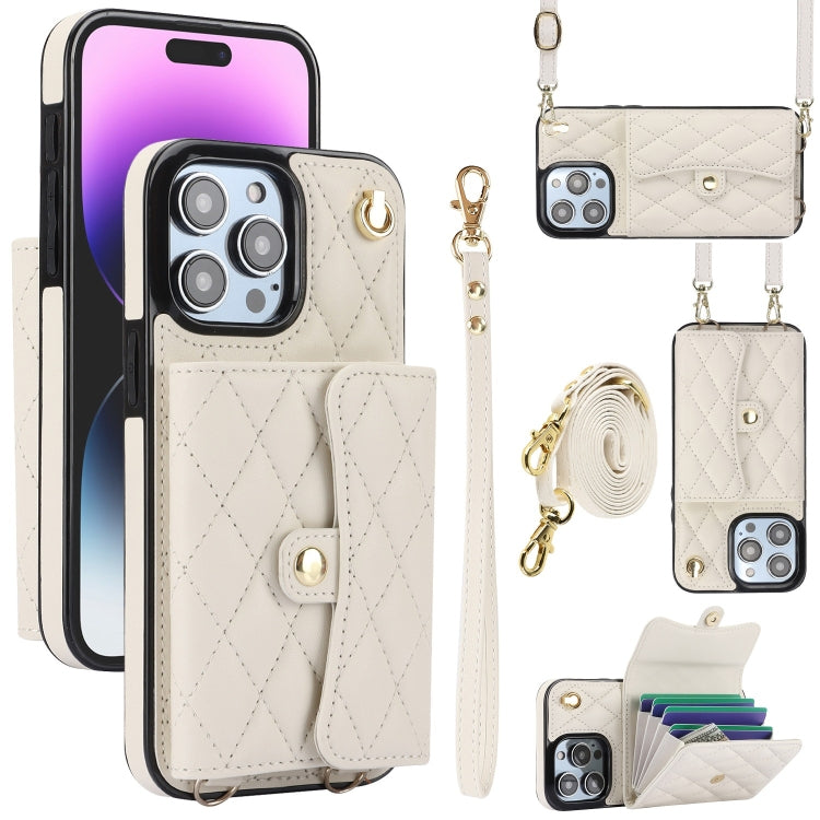 For iPhone 14 Pro Max Crossbody Rhombic Horizontal Wallet Leather Phone Case(White) - iPhone 14 Pro Max Cases by buy2fix | Online Shopping UK | buy2fix