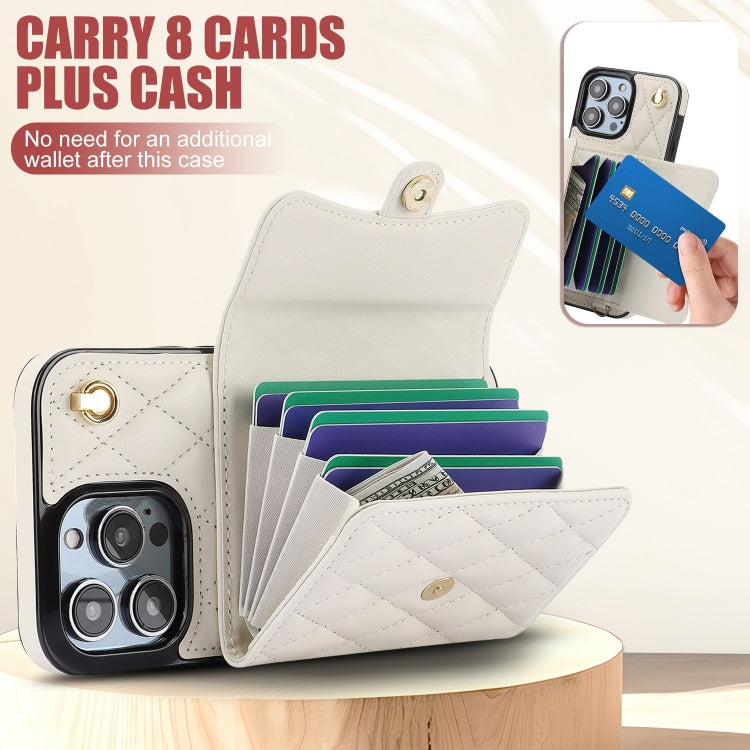 For iPhone 14 Pro Max Crossbody Rhombic Horizontal Wallet Leather Phone Case(White) - iPhone 14 Pro Max Cases by buy2fix | Online Shopping UK | buy2fix