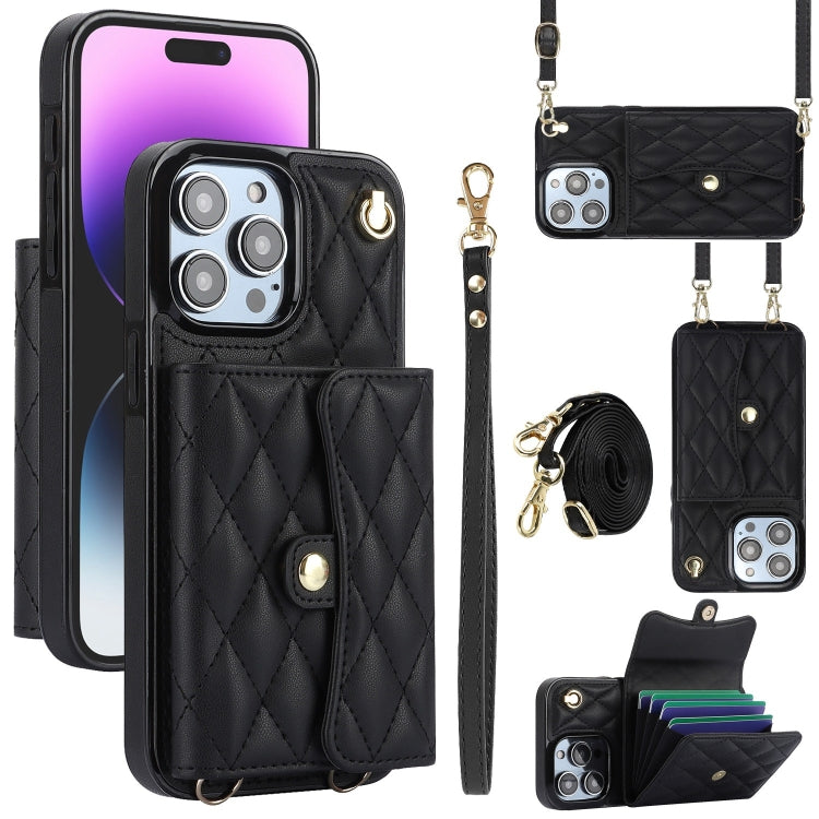 For iPhone 14 Pro Max Crossbody Rhombic Horizontal Wallet Leather Phone Case(Black) - iPhone 14 Pro Max Cases by buy2fix | Online Shopping UK | buy2fix