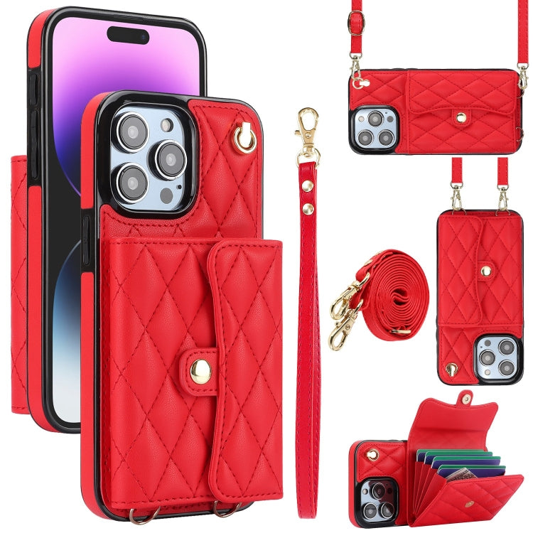 For iPhone 14 Pro Max Crossbody Rhombic Horizontal Wallet Leather Phone Case(Red) - iPhone 14 Pro Max Cases by buy2fix | Online Shopping UK | buy2fix