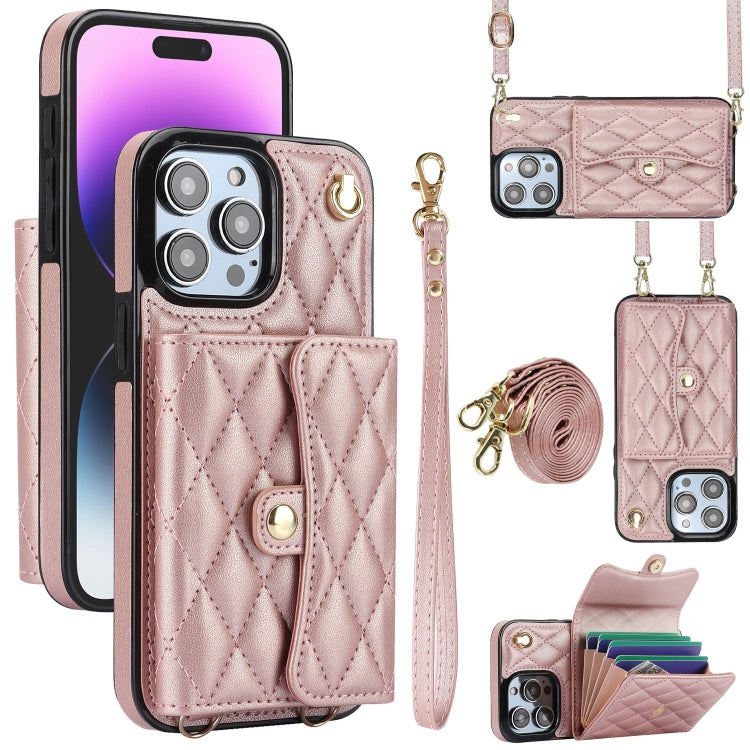 For iPhone 14 Pro Max Crossbody Rhombic Horizontal Wallet Leather Phone Case(Rose Gold) - iPhone 14 Pro Max Cases by buy2fix | Online Shopping UK | buy2fix
