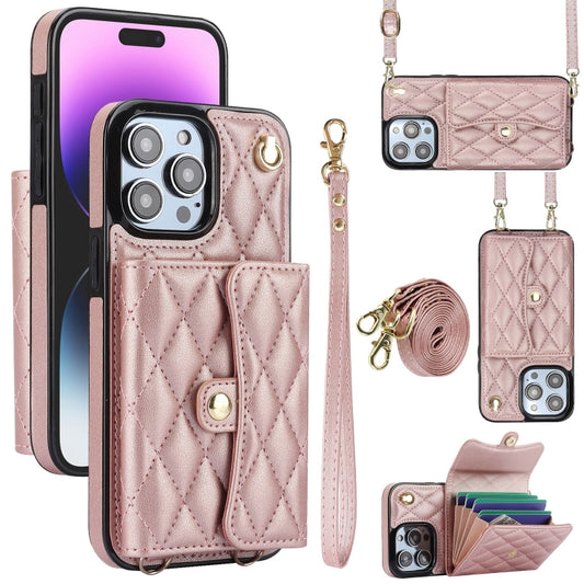 For iPhone 14 Pro Max Crossbody Rhombic Horizontal Wallet Leather Phone Case(Rose Gold) - iPhone 14 Pro Max Cases by buy2fix | Online Shopping UK | buy2fix