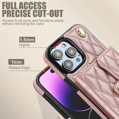 For iPhone 14 Pro Max Crossbody Rhombic Horizontal Wallet Leather Phone Case(Rose Gold) - iPhone 14 Pro Max Cases by buy2fix | Online Shopping UK | buy2fix