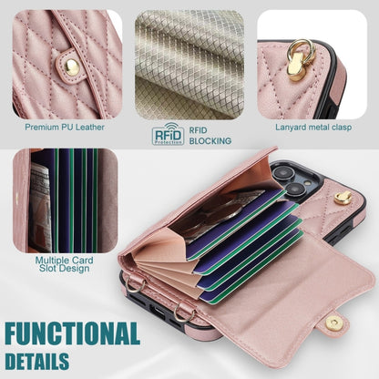 For iPhone 14 Pro Max Crossbody Rhombic Horizontal Wallet Leather Phone Case(Rose Gold) - iPhone 14 Pro Max Cases by buy2fix | Online Shopping UK | buy2fix