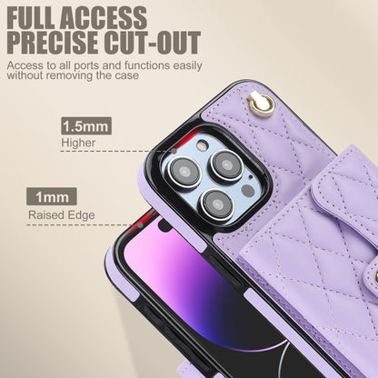 For iPhone 14 Pro Max Crossbody Rhombic Horizontal Wallet Leather Phone Case(Purple) - iPhone 14 Pro Max Cases by buy2fix | Online Shopping UK | buy2fix