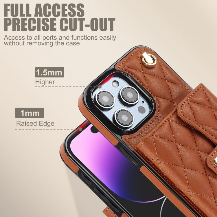 For iPhone 14 Pro Max Crossbody Rhombic Horizontal Wallet Leather Phone Case(Brown) - iPhone 14 Pro Max Cases by buy2fix | Online Shopping UK | buy2fix