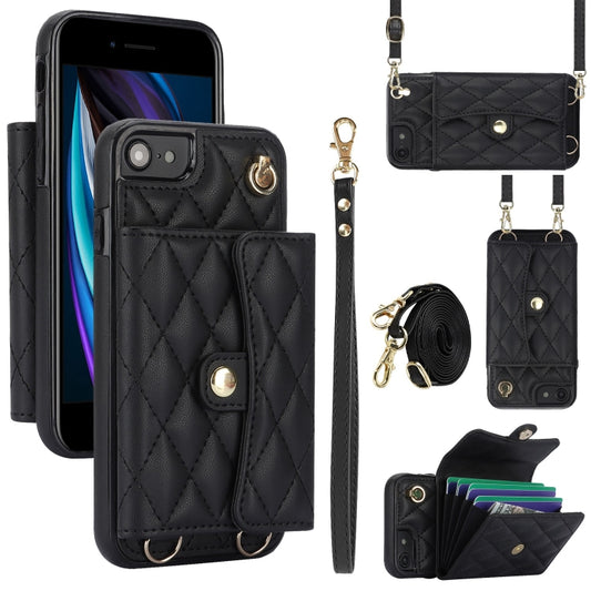 For iPhone SE 2022 / 2020 / 8 / 7 Crossbody Rhombic Horizontal Wallet Leather Phone Case(Black) - iPhone SE 2022 / 2020 / 8 / 7 Cases by buy2fix | Online Shopping UK | buy2fix