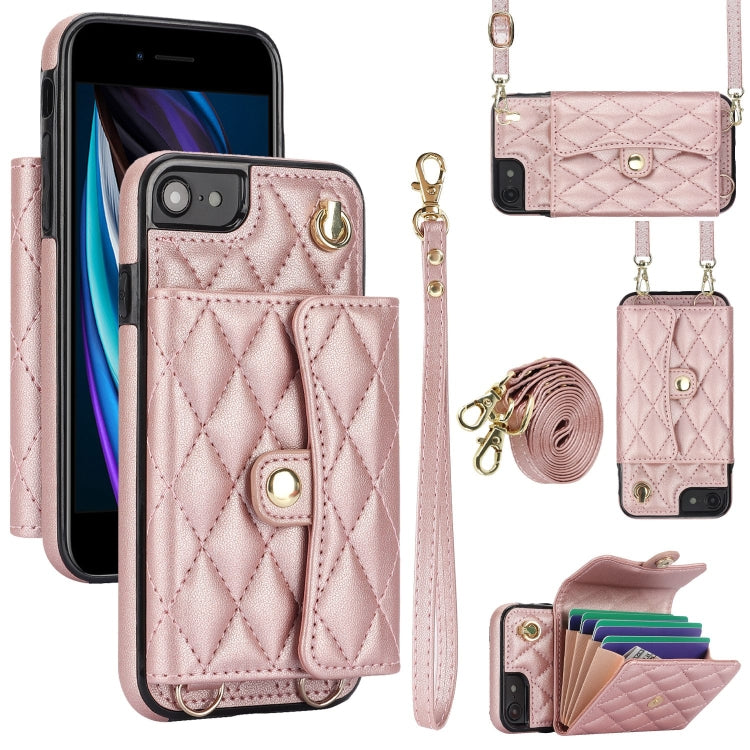For iPhone SE 2022 / 2020 / 8 / 7 Crossbody Rhombic Horizontal Wallet Leather Phone Case(Rose Gold) - iPhone SE 2022 / 2020 / 8 / 7 Cases by buy2fix | Online Shopping UK | buy2fix