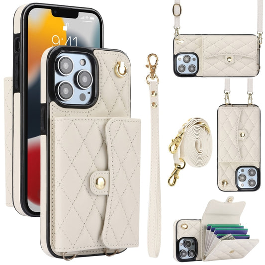For iPhone 13 Pro Max Crossbody Rhombic Horizontal Wallet Leather Phone Case(White) - iPhone 13 Pro Max Cases by buy2fix | Online Shopping UK | buy2fix