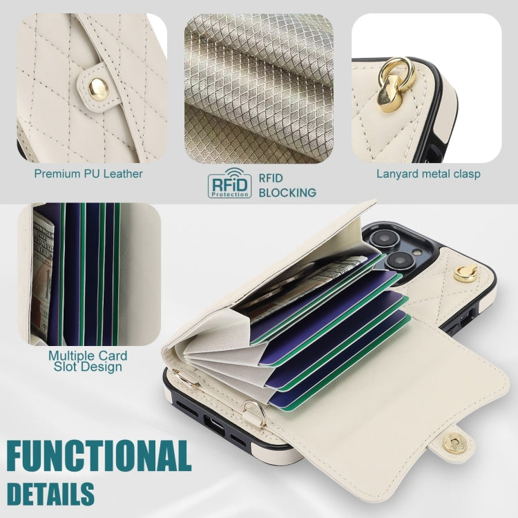 For iPhone 13 Pro Max Crossbody Rhombic Horizontal Wallet Leather Phone Case(White) - iPhone 13 Pro Max Cases by buy2fix | Online Shopping UK | buy2fix