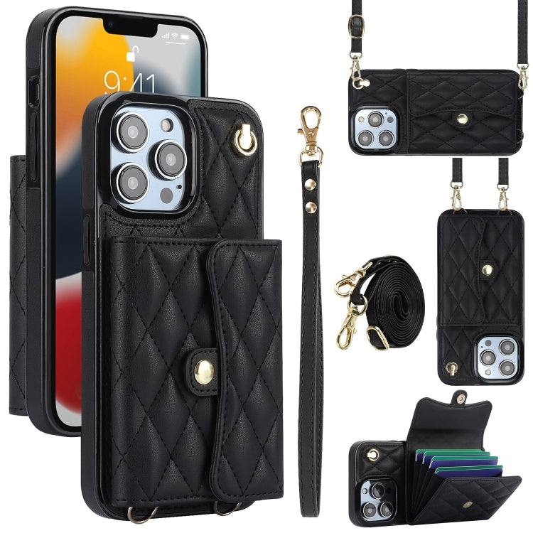 For iPhone 13 Pro Max Crossbody Rhombic Horizontal Wallet Leather Phone Case(Black) - iPhone 13 Pro Max Cases by buy2fix | Online Shopping UK | buy2fix