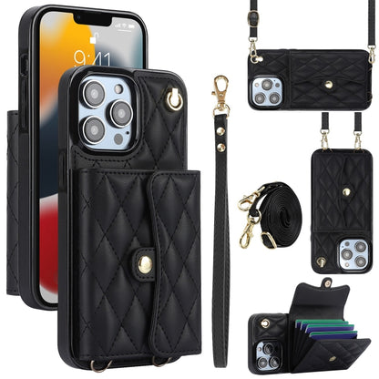 For iPhone 13 Pro Max Crossbody Rhombic Horizontal Wallet Leather Phone Case(Black) - iPhone 13 Pro Max Cases by buy2fix | Online Shopping UK | buy2fix