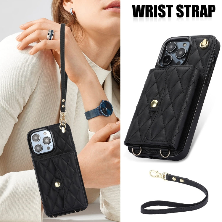 For iPhone 13 Pro Max Crossbody Rhombic Horizontal Wallet Leather Phone Case(Black) - iPhone 13 Pro Max Cases by buy2fix | Online Shopping UK | buy2fix