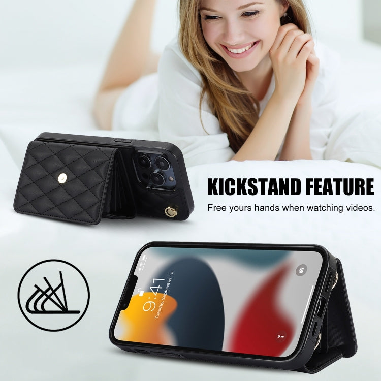 For iPhone 13 Pro Max Crossbody Rhombic Horizontal Wallet Leather Phone Case(Black) - iPhone 13 Pro Max Cases by buy2fix | Online Shopping UK | buy2fix