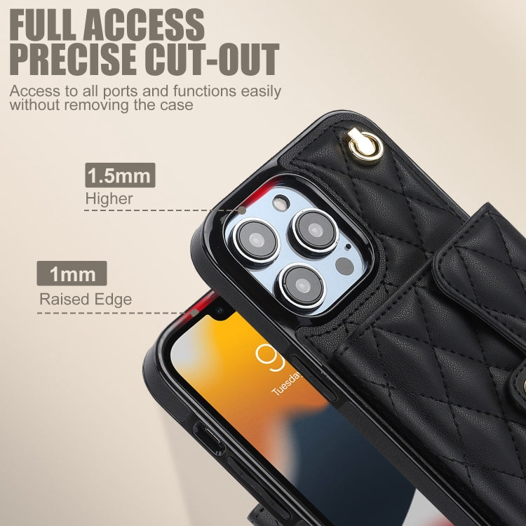 For iPhone 13 Pro Max Crossbody Rhombic Horizontal Wallet Leather Phone Case(Black) - iPhone 13 Pro Max Cases by buy2fix | Online Shopping UK | buy2fix
