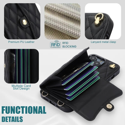 For iPhone 13 Pro Max Crossbody Rhombic Horizontal Wallet Leather Phone Case(Black) - iPhone 13 Pro Max Cases by buy2fix | Online Shopping UK | buy2fix