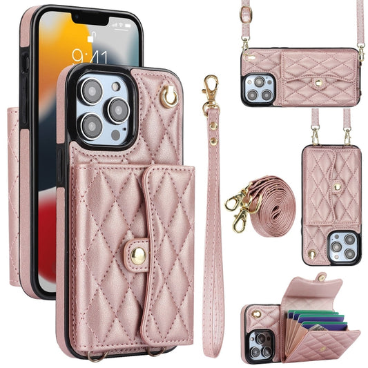 For iPhone 13 Pro Max Crossbody Rhombic Horizontal Wallet Leather Phone Case(Rose Gold) - iPhone 13 Pro Max Cases by buy2fix | Online Shopping UK | buy2fix