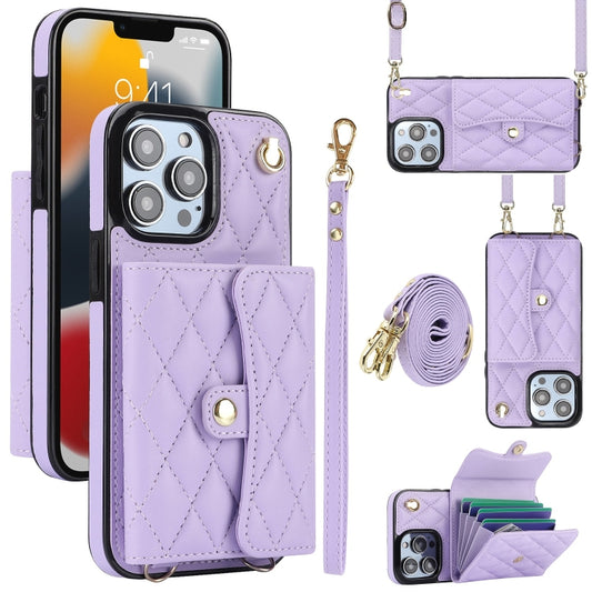 For iPhone 13 Pro Max Crossbody Rhombic Horizontal Wallet Leather Phone Case(Purple) - iPhone 13 Pro Max Cases by buy2fix | Online Shopping UK | buy2fix