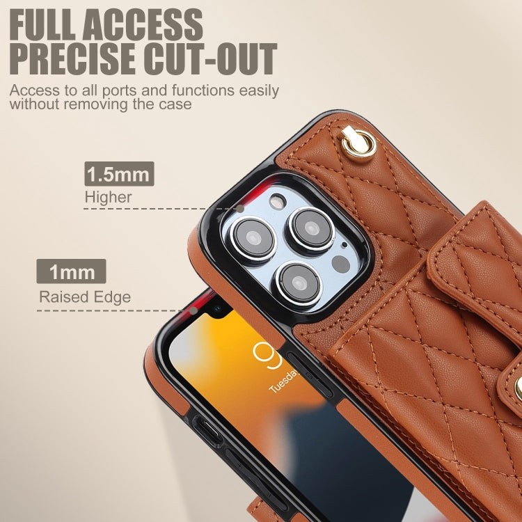 For iPhone 13 Pro Max Crossbody Rhombic Horizontal Wallet Leather Phone Case(Brown) - iPhone 13 Pro Max Cases by buy2fix | Online Shopping UK | buy2fix