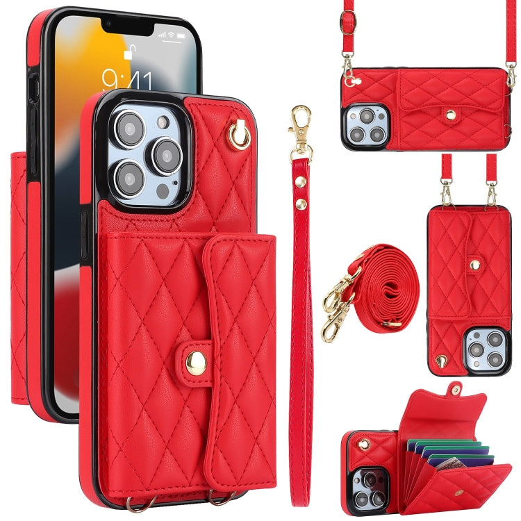 For iPhone 13 Pro Crossbody Rhombic Horizontal Wallet Leather Phone Case(Red) - iPhone 13 Pro Cases by buy2fix | Online Shopping UK | buy2fix