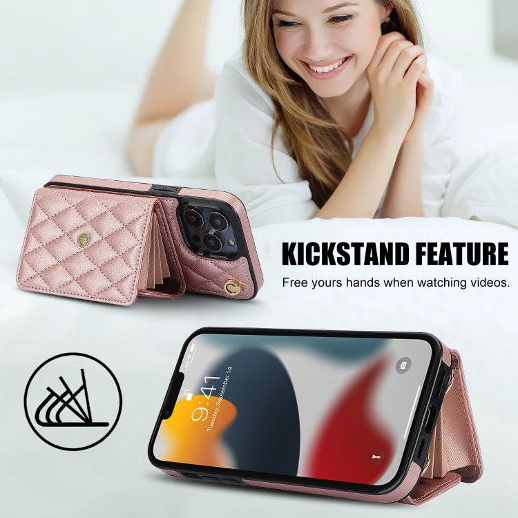 For iPhone 13 Pro Crossbody Rhombic Horizontal Wallet Leather Phone Case(Rose Gold) - iPhone 13 Pro Cases by buy2fix | Online Shopping UK | buy2fix