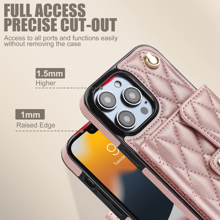 For iPhone 13 Pro Crossbody Rhombic Horizontal Wallet Leather Phone Case(Rose Gold) - iPhone 13 Pro Cases by buy2fix | Online Shopping UK | buy2fix