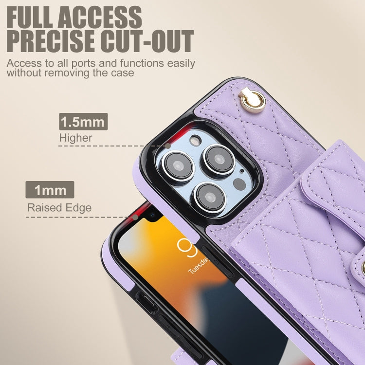 For iPhone 13 Pro Crossbody Rhombic Horizontal Wallet Leather Phone Case(Purple) - iPhone 13 Pro Cases by buy2fix | Online Shopping UK | buy2fix