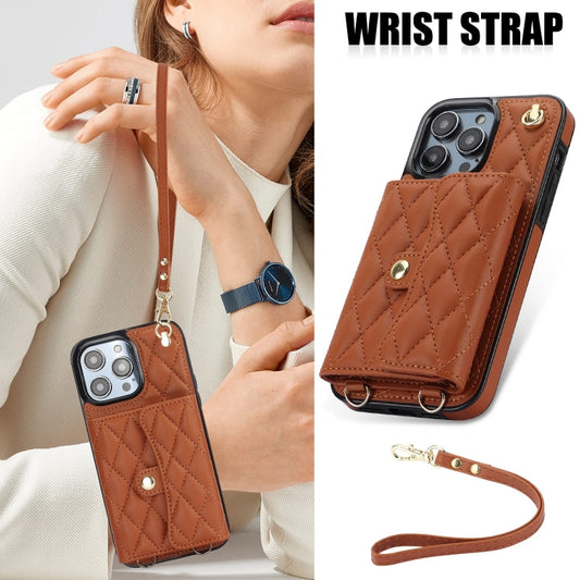 For iPhone 13 Pro Crossbody Rhombic Horizontal Wallet Leather Phone Case(Brown) - iPhone 13 Pro Cases by buy2fix | Online Shopping UK | buy2fix