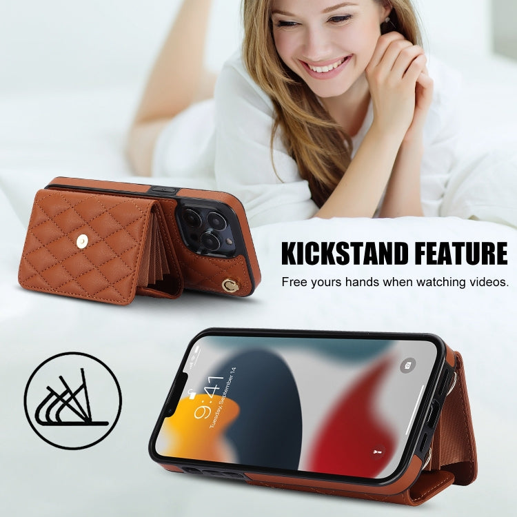 For iPhone 13 Pro Crossbody Rhombic Horizontal Wallet Leather Phone Case(Brown) - iPhone 13 Pro Cases by buy2fix | Online Shopping UK | buy2fix