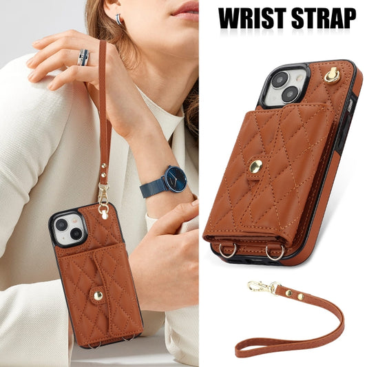 For iPhone 13 Crossbody Rhombic Horizontal Wallet Leather Phone Case(Brown) - iPhone 13 Cases by buy2fix | Online Shopping UK | buy2fix