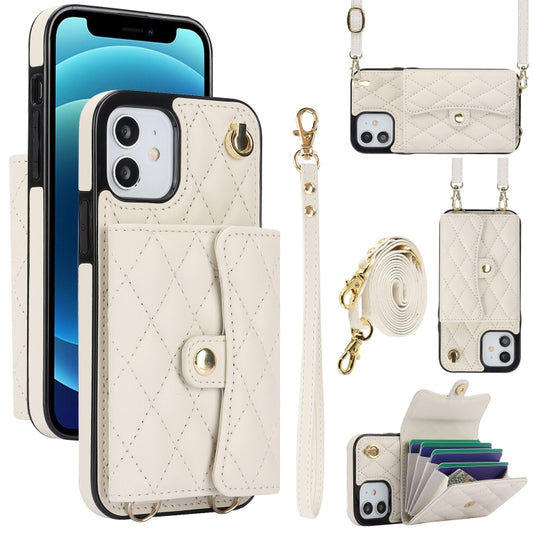 For iPhone 12 mini Crossbody Rhombic Horizontal Wallet Leather Phone Case(White) - iPhone 12 mini Cases by buy2fix | Online Shopping UK | buy2fix