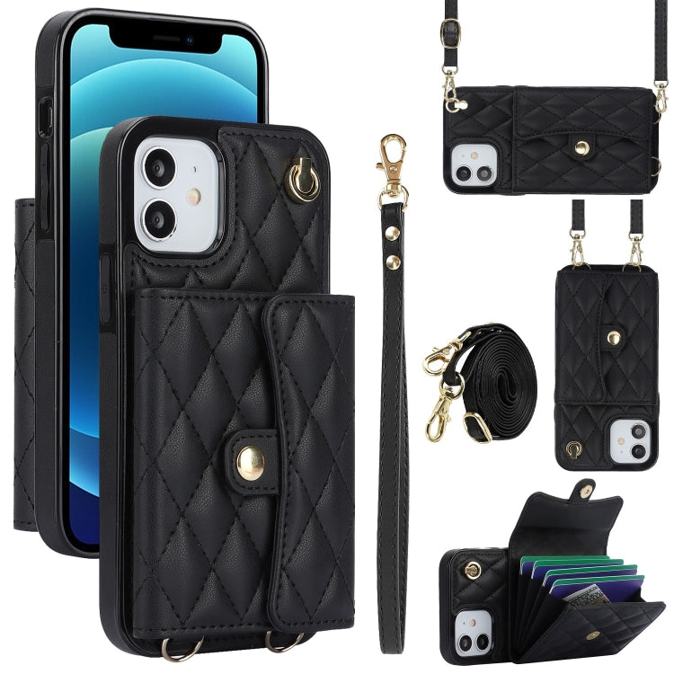 For iPhone 12 mini Crossbody Rhombic Horizontal Wallet Leather Phone Case(Black) - iPhone 12 mini Cases by buy2fix | Online Shopping UK | buy2fix