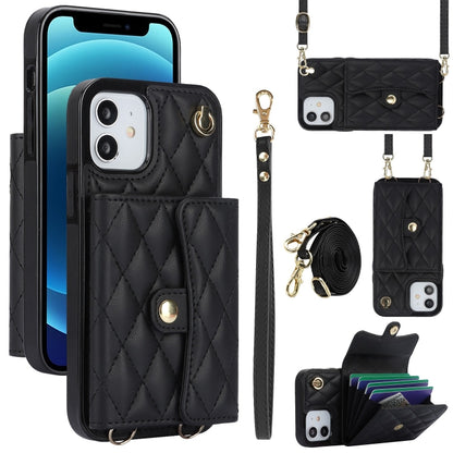 For iPhone 12 mini Crossbody Rhombic Horizontal Wallet Leather Phone Case(Black) - iPhone 12 mini Cases by buy2fix | Online Shopping UK | buy2fix